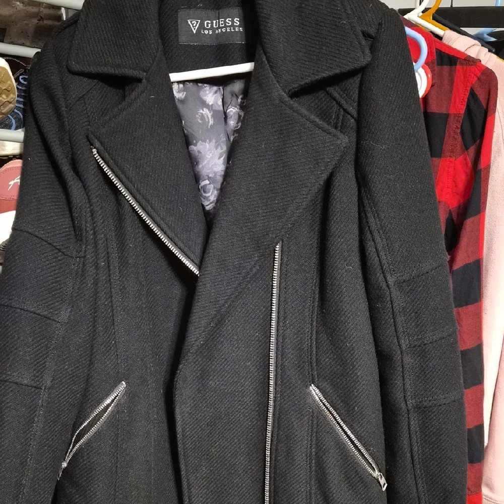 GUESS Women's Black Trench Coat with Silver Zippers